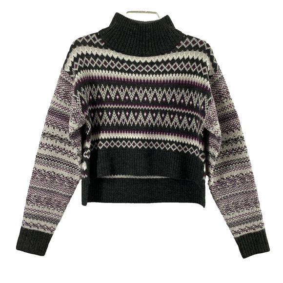 Cleo + Wolf Fair Isle Sweater Womens XS Cropped Gray Purple White Wool Blend - Picture 1 of 11